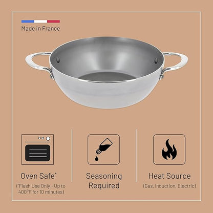 de Buyer MINERAL B Carbon Steel Country Fry Pan with Two Handles - 11” Diameter, 7.7” Cooking Surface - Ideal for Sauteing, Simmering, Deep & Stir Frying - Naturally Non-Stick Finish - Made in France