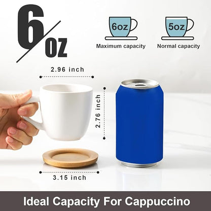 HASENSE 6 Ounce Ceramic Cappuccino Cups with Saucers for Espresso,Double Shot, Latte, Cafe Mocha, Stackable Coffee Cups Espresso Cups with Handle for Cafes, Home, Office, White