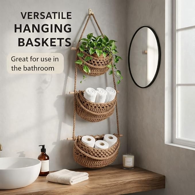 3 Tier Hanging Fruit Basket for Kitchen, Wall Mounted Cotton Rope Produce Storage Organizer, Boho Farmhouse Decor, Space Saver for Small Kitchens, Pantry, Bathroom, RV, Plant & Vegetable Storage