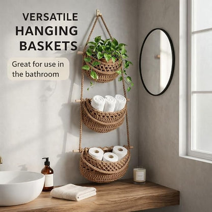 3 Tier Hanging Fruit Basket for Kitchen, Wall Mounted Cotton Rope Produce Storage Organizer, Boho Farmhouse Decor, Space Saver for Small Kitchens, Pantry, Bathroom, RV, Plant & Vegetable Storage