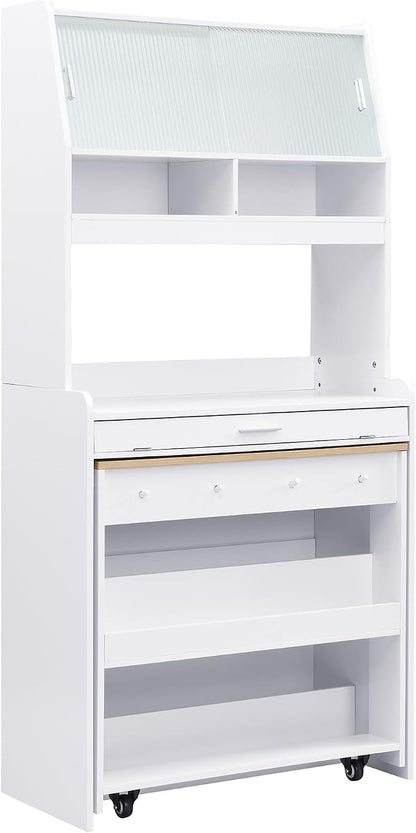 VilroCaz Multifunctional 69" Height Kitchen Pantry with Hutch and Foldable Dining Table, Freestanding Cupboard Cabinet with Storage Shelf and Side Hooks for Small Places (Natural-5.8)