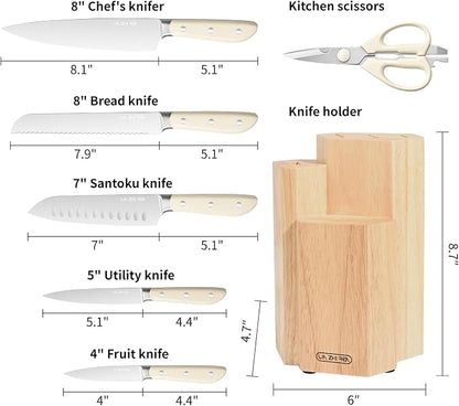 7 Piece Kitchen Knife Block Set, Stainless Steel Knives with Sharpener for Chopping, Dishwasher Safe (burlywood)