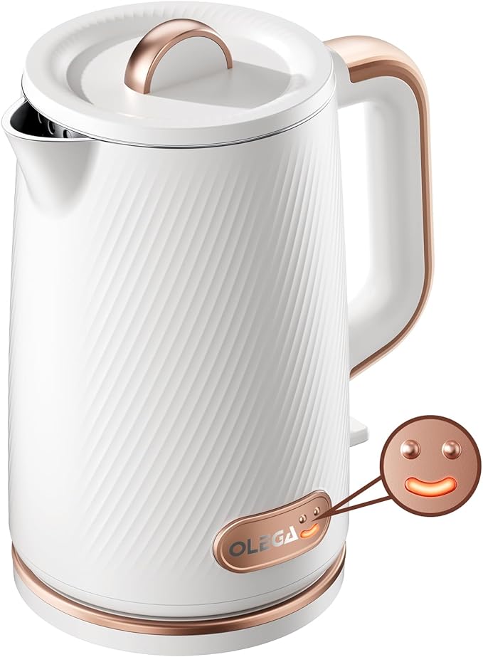 OLEGA Electric Kettle: 1200W Fast Boil Electric Water Kettles, 1.5L Double Wall Stainless Steel Tea Kettle, Auto Shut-Off, BPA-Free Hot Water Boiler Teapot for Coffee & Tea (White)