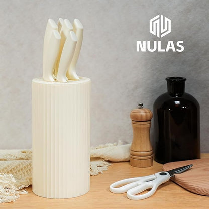Knife Set, 8-Piece Kitchen Knife Set with Universal Block - Anti-Rust Chef Knives, Ergonomic Design, Dishwasher Safe (Cream)