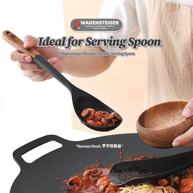 WAGENSTEIGER Set of 2pc Silicone Cooking Utensils: Wooden Handle Cooking & Serving Spoon+ Multi-Purpose Cooking Spoon, Heat Resistant Cooking Utensil, BPA Free, Safe Material for All Cooking Surfaces
