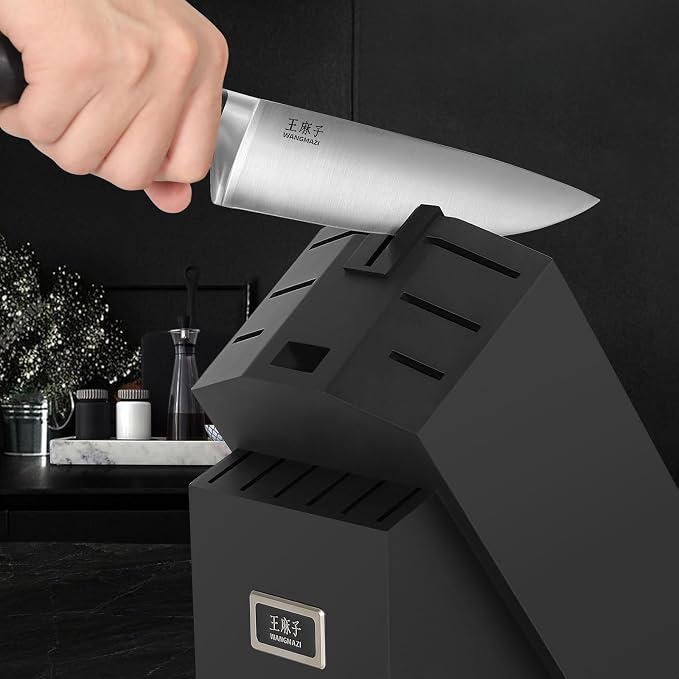WANGMAZI 15 Pcs Knife Set with Block, Dishwasher Safe Kitchen Knife Set with Built in Sharpener Block, High Carbon Stainless Steel Dishwasher Safe Knives with Ergonomic Handles for Chef, Black Pro