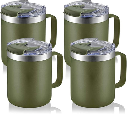 12oz Stainless Steel Insulated Coffee Mug with Handle, Double Wall Vacuum Tumbler Cup with Fliping Lid, Army Green, 4 Pack