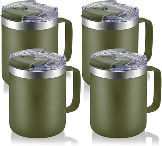 12oz Stainless Steel Insulated Coffee Mug with Handle, Double Wall Vacuum Tumbler Cup with Fliping Lid, Army Green, 4 Pack