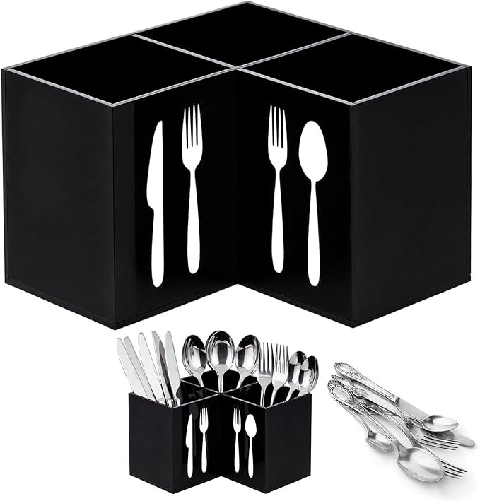 Suzile Acrylic Cutlery Storage Organizer Bin Silverware Caddy Countertop Knife Spoon and Fork Holder Kitchen 3 Section Tableware Storage Box for Cabinet Flatware Dining Room (Triangle,S,Black)