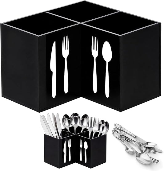 Suzile Acrylic Cutlery Storage Organizer Bin Silverware Caddy Countertop Knife Spoon and Fork Holder Kitchen 3 Section Tableware Storage Box for Cabinet Flatware Dining Room (Triangle,S,Black)