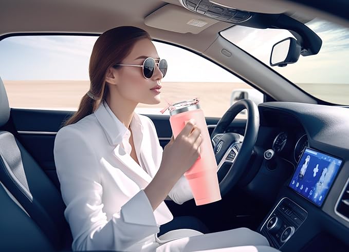 Meoky 40 oz Tumbler with Handle and Straw, Insulated Tumbler with Lid and Straw, Stainless Steel Travel Mug, Keeps Cold for 34 Hours, 100% Leak Proof, Fits in Car Cup Holder (Blush)