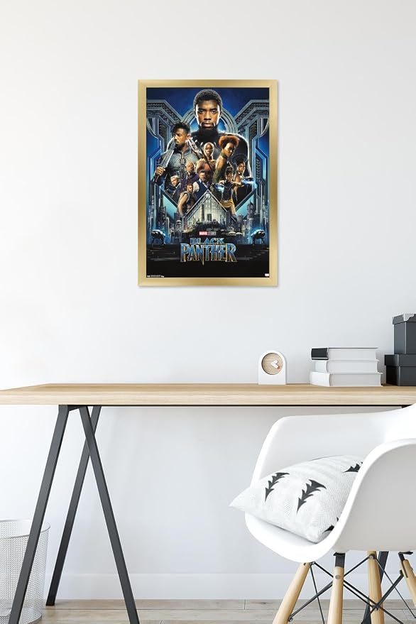Trends International Marvel Cinematic Universe - Black Panther - Group One Sheet Wall Poster, 14.725" x 22.375", Gold Framed Version