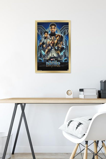 Trends International Marvel Cinematic Universe - Black Panther - Group One Sheet Wall Poster, 14.725" x 22.375", Gold Framed Version