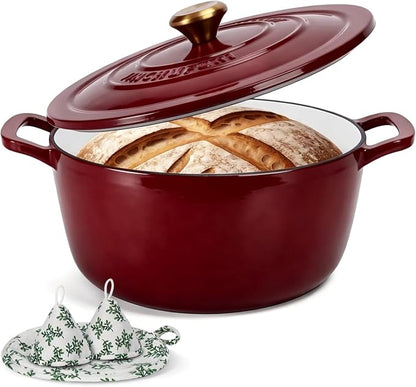 Cast Iron Dutch Oven - JINCHUFURI Enameled Cast Iron Dutchs Oven with Lid 5 Quart enamel dutch ovens Pot Heavy-Duty Cookware for Sourdough Bread Baking,Stews, Roasting,Braising(Rose Red)