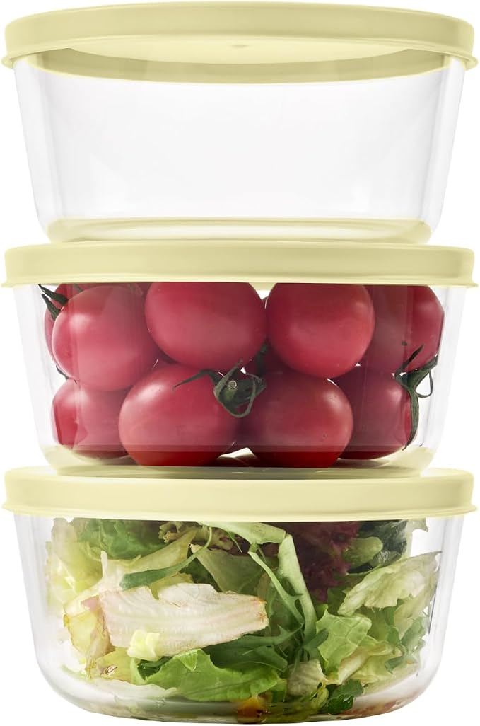 6-Piece Glass Food Storage Containers Set (3 Containers + 3 BPA-Free Lids) | 2-Cup, Leakproof | Microwave, Freezer, Oven & Dishwasher Safe | Ideal for Meal Prep & Pantry Organization, Yellow