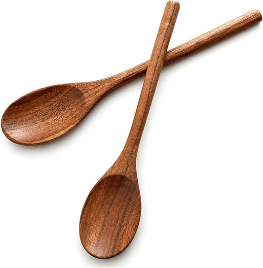 Wooden Cooking Spoons, 2-Piece Acacia Wood Kitchen Utensil Set, 12-Inch Large Mixing Spoons for Nonstick Cookware, Comfort Grip, Durable Natural Wood Spoons