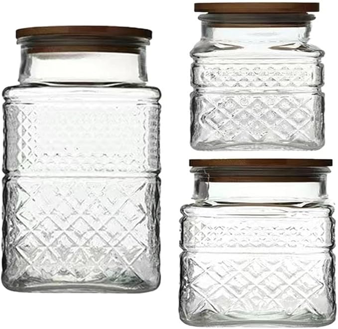 Glass Storage Jars Vintage Embossed Canisters Food Cereal Storage Containers with Bamboo Lid, Decorative Jars for Kitchen Counter,Pantry,Set 3-Piece Glass Jars in 60oz/40oz/20oz (Square)