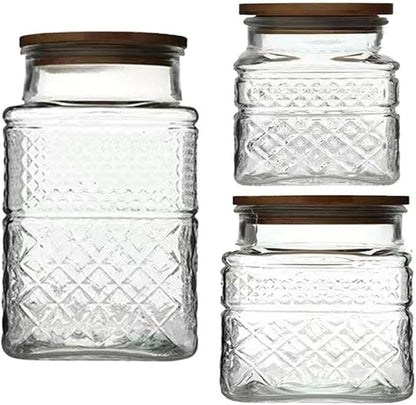 Glass Storage Jars Vintage Embossed Canisters Food Cereal Storage Containers with Bamboo Lid, Decorative Jars for Kitchen Counter,Pantry,Set 3-Piece Glass Jars in 60oz/40oz/20oz (Square)