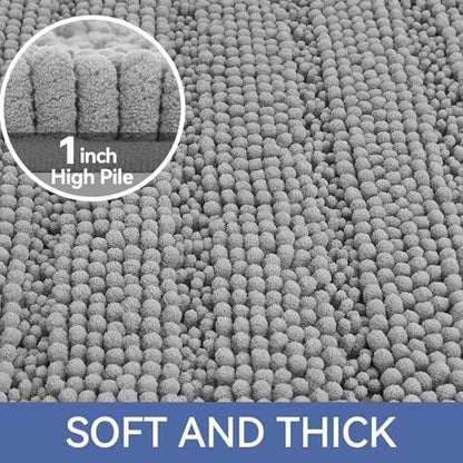 Bcoimo Bath Rug Mat,70x24 Chenille Non Slip Gray Long Bathroom Runner Rugs