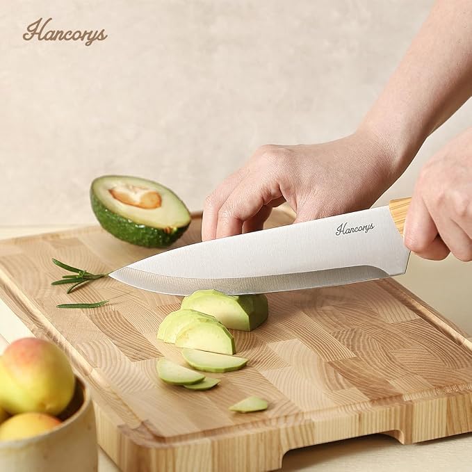 Knife Block Set, Kitchen Knife Set with Sharpener, German Stainless Steel Gold Knives Set with Block and Ergonomic Wood Grain Handle, Ultra Sharp Cooking Knives