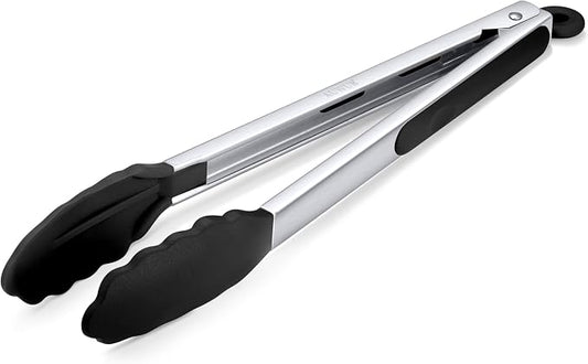 Silicone Salad Tongs - 12 Inch, 304 Stainless Steel Core & Non-Slip Grip, Black Color, Kitchen Utensils for Grilling Salad