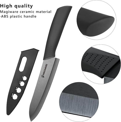Magiware 5-Piece Chef Ceramic Knife Set (4 Ceramic Knives 4 Blade Guard and 1 Peeler), Never Rust Never Oxidize Food Stain Proof