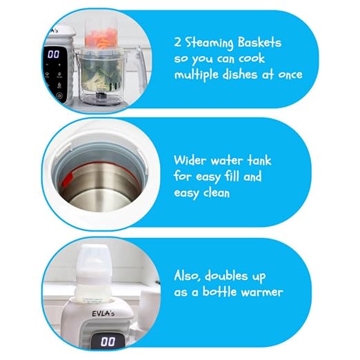 EVLA'S Double Baby Food Maker with 2 Steaming Baskets, Steamer, Blender, Grinder, Food Processor, Cook & Blends Healthy Baby Food in Minutes, Touch Screen, with 6 food pouches, White