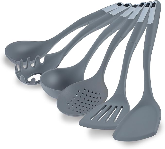 Restaurantware Silicone Utensil Set Pack of 1 Non-Slip Handle 6-Piece Kitchen Tool Set, Heat-Resistant Dishwasher-Friendly Cooking Accessories, Durable Gray Cooking Utensils