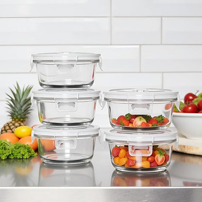 12 OZ Round Glass Food Containers With Lids, 1.5 Cup Small Glass Containers With Lids and Spoons for Office Lunch,Small Round Meal Prep Bowls for Oven, Fridge, Dishwasher safe (4 Pack)