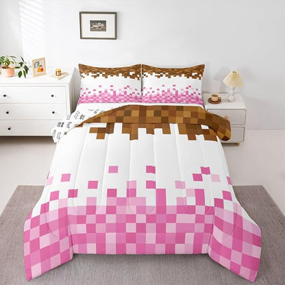 Manfei Pixelated Theme Kids Comforter Toddler Size,Geometric Grid Quilt Set for Kids Boys Girls Bedroom Decor,Video Games Gamepad Bedding Set,Pink White Brown Duvet Insert,1 Pillowcase