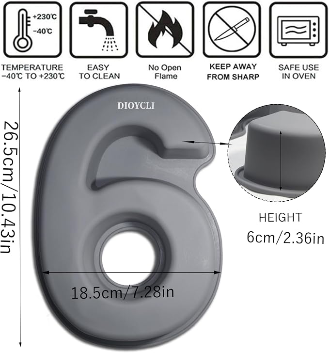 Dioycli Number Cake Molds for Baking 3D Silicone Cake Molds DIY Personalized Cake Pan for Birthday Wedding and Anniversary Number 6 Cake Pan of 10 Inch