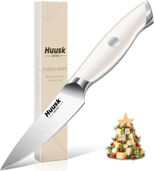 Huusk Paring Knife Ultra Sharp, 3.5" Small Kitchen Knife with Ergonomic Ivory White Handle Well-balanced Vegetable Fruit Knives for Peeling Coring Cutting Present Gift to Men Women