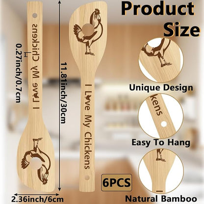 6Pcs 6 Styles Chicken Wooden Spoons for Cooking Mothers Day Rooster Gifts 11.8 x 2.4 Inch Rooster Kitchen Utensils Bamboo Set Chicken Kitchen Accessories Farmhouse Stuff Decor for Women