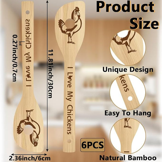 6Pcs 6 Styles Chicken Wooden Spoons for Cooking Mothers Day Rooster Gifts 11.8 x 2.4 Inch Rooster Kitchen Utensils Bamboo Set Chicken Kitchen Accessories Farmhouse Stuff Decor for Women