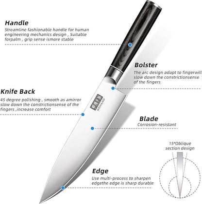 MDHAND Chef Knife Set with Roll Bag, 10PCS Professional Knife Set with Sharpener, High Carbon Stainless Steel Japanese Kitchen Knives - Black Pakkawood Handle, Dishwasher Safe, For Cooking, Chef Gifts