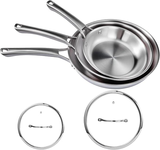 VINGLI 8'' 10'' 12'' Stainless Steel Frying Pan Set, Tri-Ply Skillets Set with Lids, Non-Toxic Chef's Pan, PFOA & PTFE Free, Compatible for All Cooktops, Dishwasher & Oven Safe (5-Pcs Skillets Set)