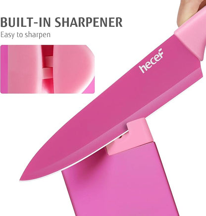 hecef 15 Pieces Kitchen Knife Set with Built-in Sharpening Wooden Block, Dishwasher Safe, High Carbon Stainless Steel Knife Block Set with Steak Knives, Kitchen Scissors, Hot Pink