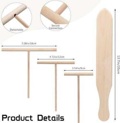 Crepe Spreader and Spatula Set – 4-Pack Natural Wood Pancake Tools with 3 T-Shaped Spreaders (3.5", 5", 7") & 13.4" Turner – Fits Any Crepe Pan or Maker