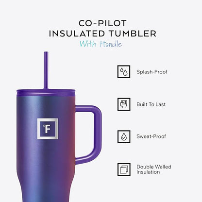 IRON °FLASK Co-Pilot Insulated Mug w/Straw & Flip Cap Lids - Cup Holder Bottle for Hot, Cold Drink - Leak-Proof - Water, Coffee Portable Travel Mug - Apple Green, 32 Oz
