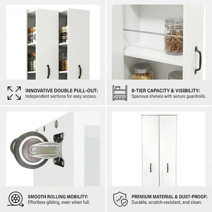 Double Pull Out Pantry Cabinet, Slim Rolling Storage Cart for Kitchen & Home Office, 8-Tier Wood Rolling Pantry Cart Gap Filler for Laundry Room, Dustproof Slide Out Organizer, 62" H White