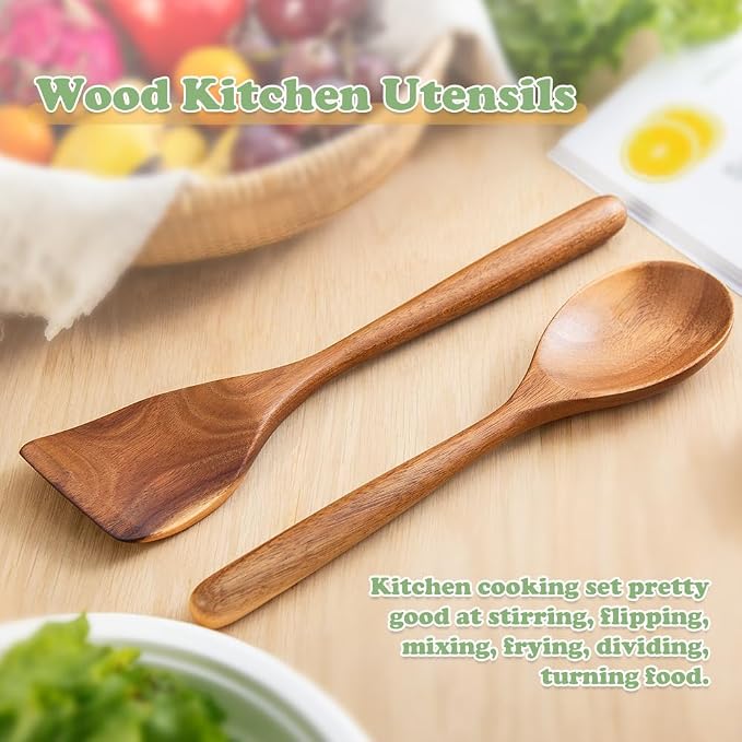 Wooden Cooking Spoon Utensils, 2pcs, Spoons Spatulas Set for Kitchen Cooking, Wood Scraper for Frying Scraping and Mixing, Nonstick Cookware Spatulas Spoon Gadget for Fried Flipping Turning Cooking