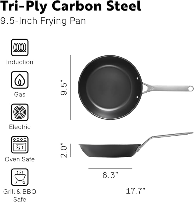 Tri Ply Carbon Steel 9.5" Frying Pan - Naturally Nonstick Nitrided Carbon Steel Pan Better than Cast Iron - Lightweight, Non Toxic Cookware, No Coatings - Induction Ready Skillet