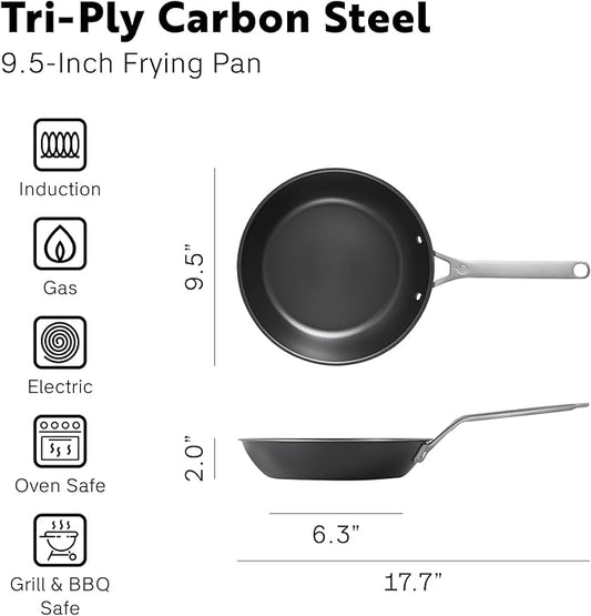 Tri Ply Carbon Steel 9.5" Frying Pan - Naturally Nonstick Nitrided Carbon Steel Pan Better than Cast Iron - Lightweight, Non Toxic Cookware, No Coatings - Induction Ready Skillet