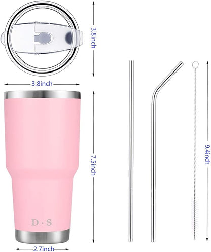 D·S 30 oz Pink Tumbler Stainless Steel Double Wall Vacuum Insulated Mug with Straw and Lid, Cleaning Brush for Cold and Hot Beverages (30oz Pink)