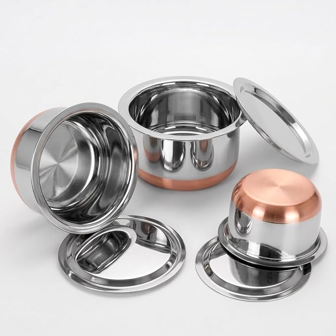CRAFTONE Stainless Steel Copper bottom Tope Set with Lid, Cookware Set of 3 Pcs Gas Stove Friendly multi purpose Container Pot Set (60 Oz, 47 Oz and 33 Oz)