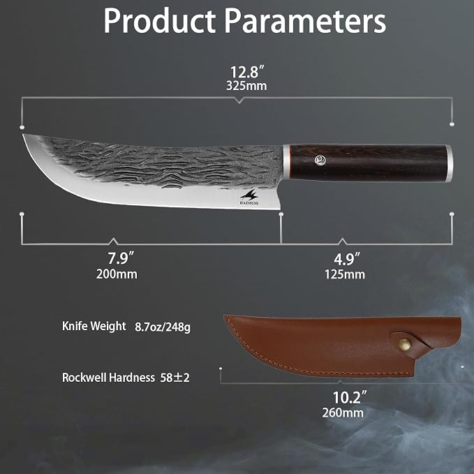 Professional 7.8-inch Chef Knife, High Carbon Stainless Steel Blade for Cutting Meat, with Leather Sheath Scabbard, Ash Wood Handle, Suitable for Kitchen, Outdoor Cooking, BBQ