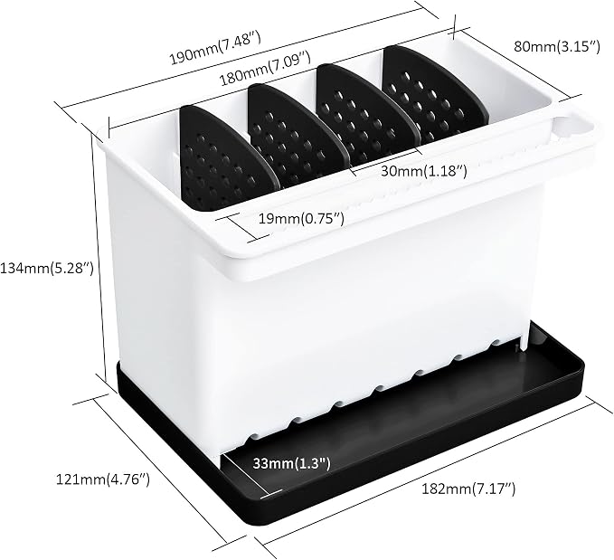 JOMOLA Kitchen Sink Organizer Dish Brush Sponge Holder Caddy Toothbrush Holders for Bathrooms Sinkware Kitchen Utensil Holder Sink Caddy Organizer with 4 Separate Dividers Removable Drain Tray (Black)