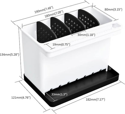 JOMOLA Kitchen Sink Organizer Dish Brush Sponge Holder Caddy Toothbrush Holders for Bathrooms Sinkware Kitchen Utensil Holder Sink Caddy Organizer with 4 Separate Dividers Removable Drain Tray (Black)