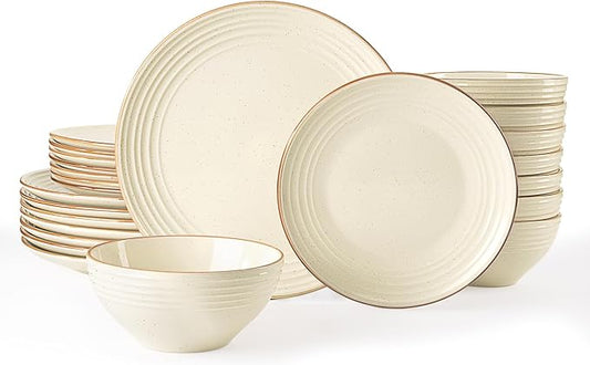 Famiware Jupiter 24-Piece Stoneware Dinnerware Set for 8, Handcrafted Plates and Bowls with Speckles & Embossed Swirls, Chip/Scratch Resistant, Microwave/Dishwasher Safe, Rustic Dishes, Vanilla White
