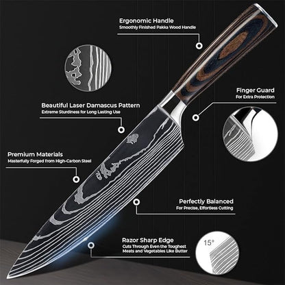 SENKEN 8-piece Premium Japanese Kitchen Knife Set with Laser Damascus Pattern - Imperial Collection - Chef's Knife, Santoku, Bread, Paring & More, Ultra Sharp for Very Fast Cutting